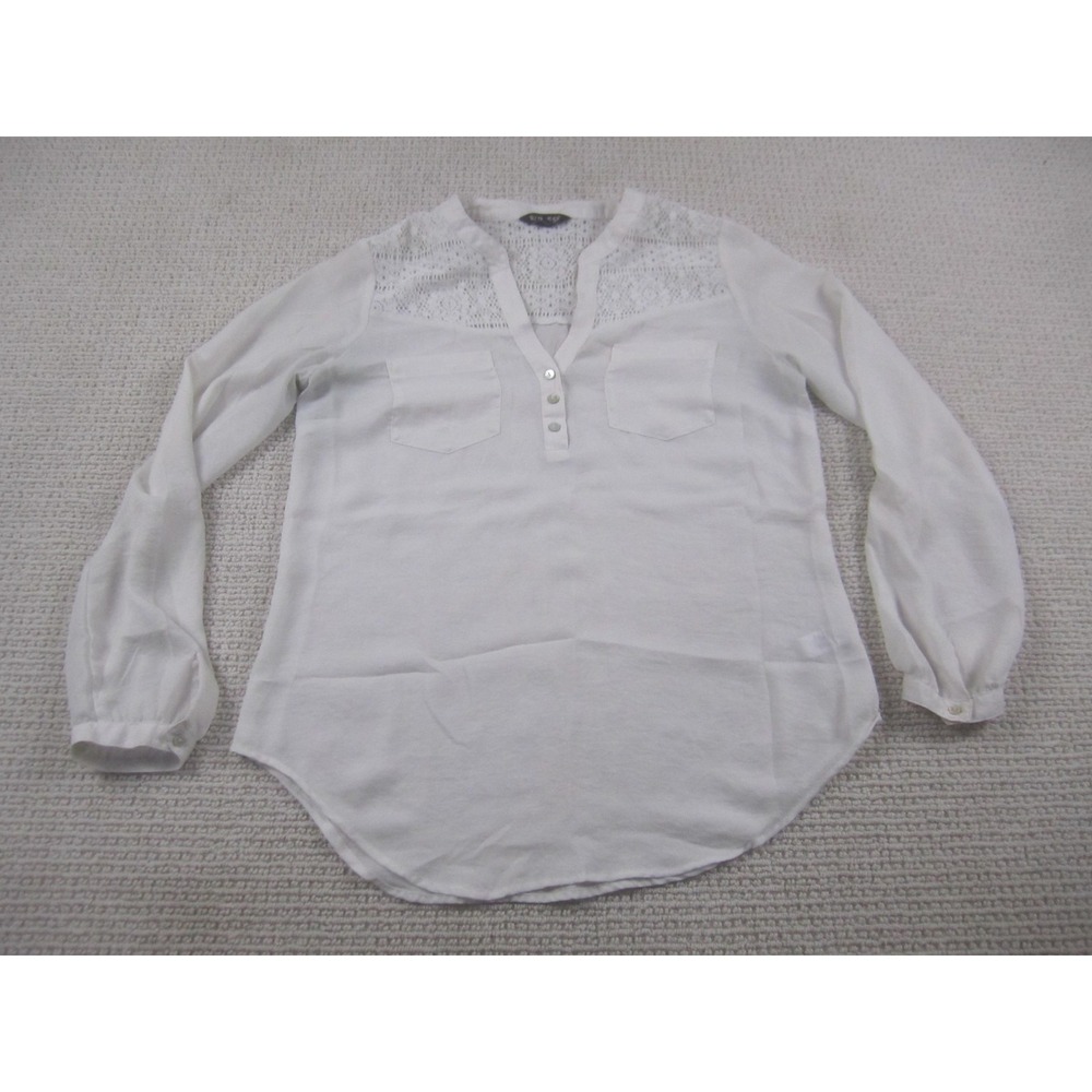 Express Shirt Womens Medium‎ White Lace Yoke Long Sleeve Henley Blouse Top